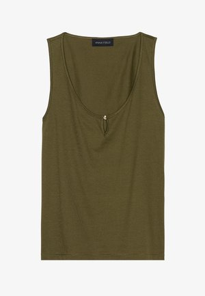 Olijfgroene mouwloze top van zacht katoen met een ronde halslijn en een sleutelgatdetail aan de voorkant, voorzien van een decoratieve kraalaccent.