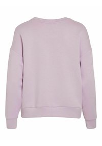 Sudadera lila de corte relajado, con cuello redondo, hombros caídos y puños acanalados. Textura suave, sin patrones ni acentos visibles.