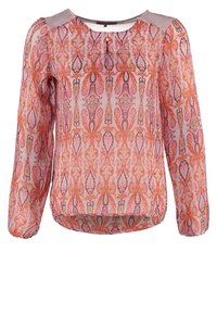Genomskinlig blus med långa ärmar, blommigt paisleymönster i rosa och orange nyanser, rund halsringning och böjd nederkant. Lättviktsmaterial.