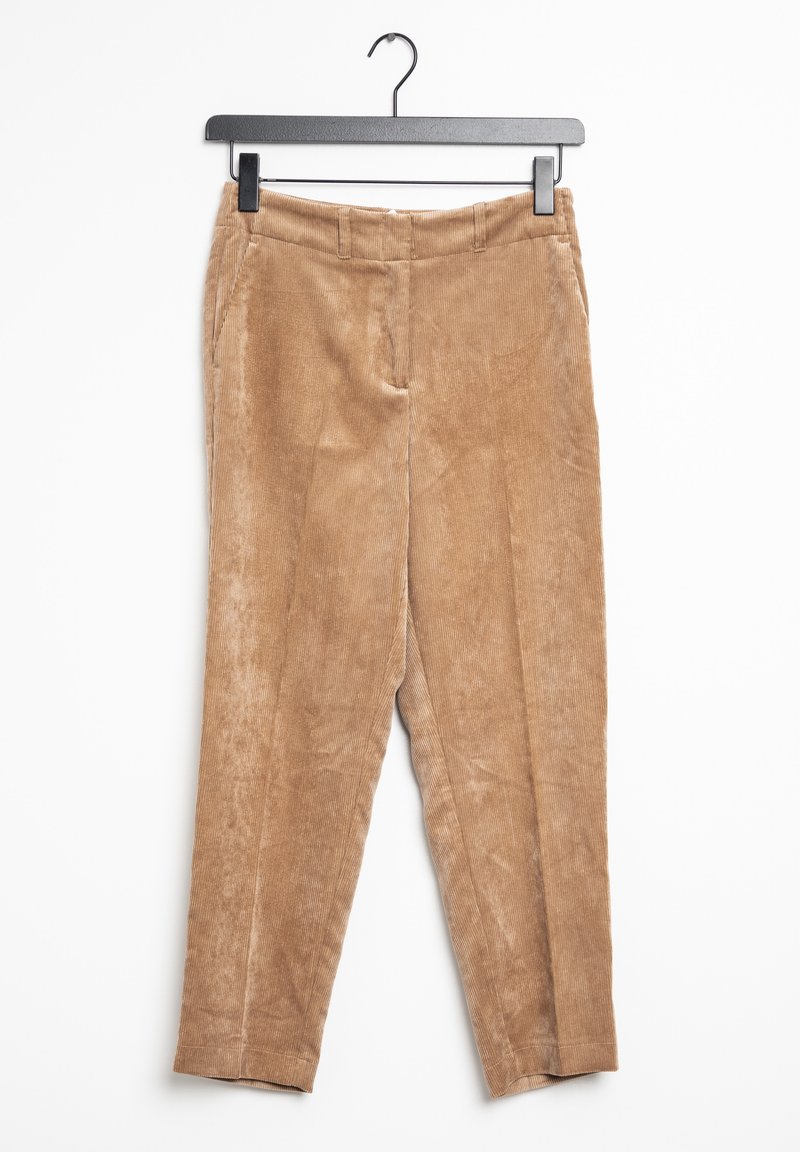Pantalon en velours côtelé de couleur marron clair avec une texture douce, présentant une coupe droite, des poches latérales et une ceinture avec passants pour ceinture.
