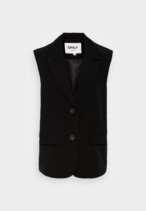 Black sleeveless blazer with notch lapels, two front buttons, and two flap pockets, displayed on a plain light background.