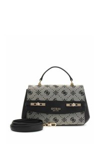 Sac à main avec un motif noir et gris, garnitures dorées, poignée supérieure et bandoulière amovible. Comprend une fermeture à rabat et un détail de logo.