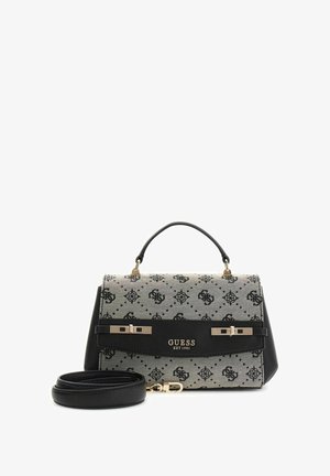 Sac à main avec un motif noir et gris, garnitures dorées, poignée supérieure et bandoulière amovible. Comprend une fermeture à rabat et un détail de logo.