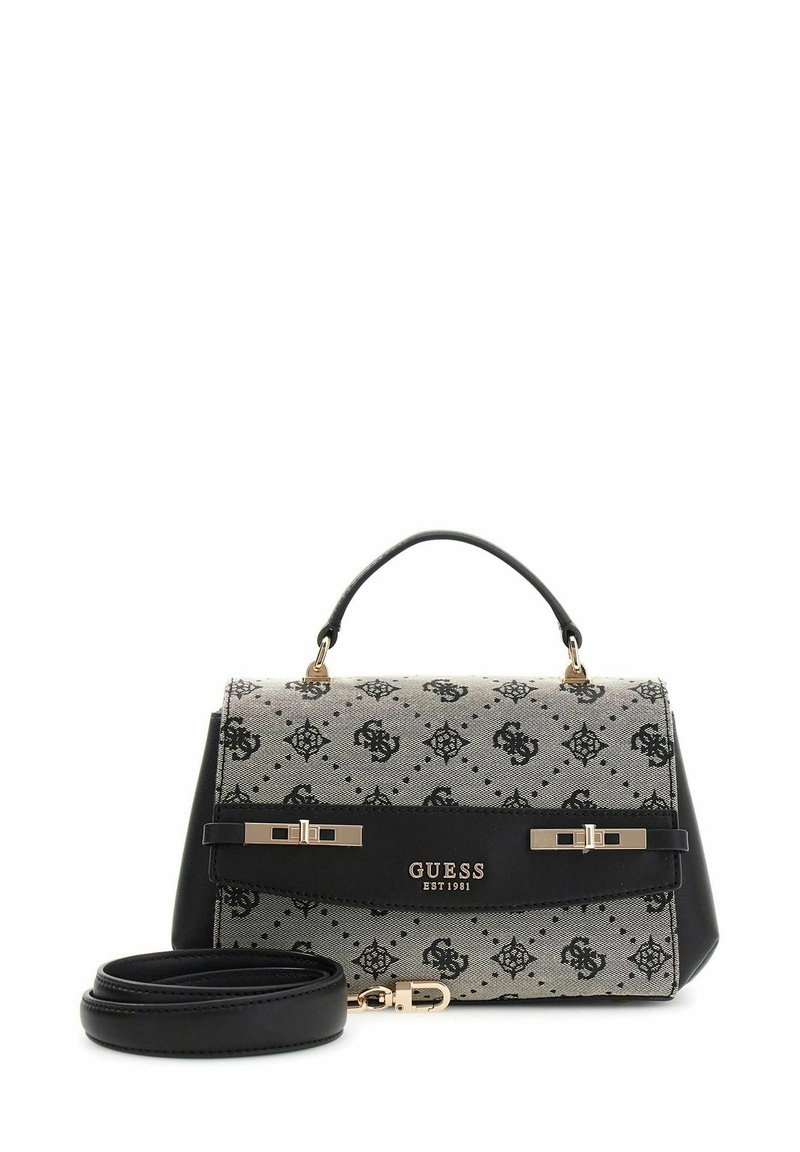 Sac à main avec un motif noir et gris, garnitures dorées, poignée supérieure et bandoulière amovible. Comprend une fermeture à rabat et un détail de logo.