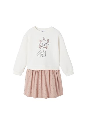 Kombination aus Sweatshirt und Kleid mit einem cremefarbenen Oberteil, das mit einem Katzenmotiv bedruckt ist, und einem rosa Rock, der mit kleinen Herzen verziert ist. Aus weichem Stoff gefertigt, mit entspannter Passform.