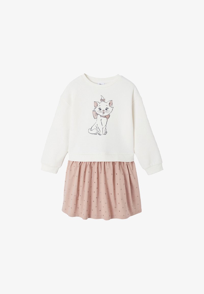 Kombination aus Sweatshirt und Kleid mit einem cremefarbenen Oberteil, das mit einem Katzenmotiv bedruckt ist, und einem rosa Rock, der mit kleinen Herzen verziert ist. Aus weichem Stoff gefertigt, mit entspannter Passform.