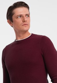Burgundy textured sweater with a round white neckline, featuring a fitted shape and ribbed detailing on the cuffs and hem.