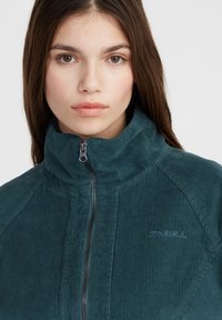 Giacca in velluto a coste teal con alto colletto, zip frontale e dettaglio logo tono su tono. Evidenziata la texture a righe e la vestibilità sartoriale.