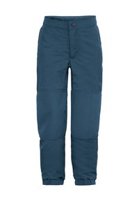Blaue isolierte Hosen mit glatter Oberfläche, ausgestattet mit verstärkten Kniepatches, elastischen Bündchen und einem Frontknopfverschluss.