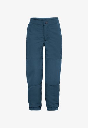 Blaue isolierte Hosen mit glatter Oberfläche, ausgestattet mit verstärkten Kniepatches, elastischen Bündchen und einem Frontknopfverschluss.