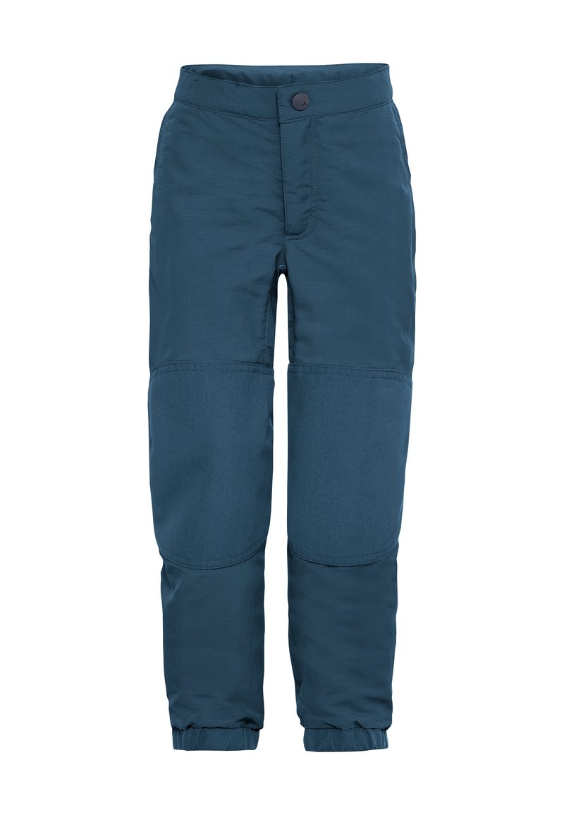 Blaue isolierte Hosen mit glatter Oberfläche, ausgestattet mit verstärkten Kniepatches, elastischen Bündchen und einem Frontknopfverschluss.