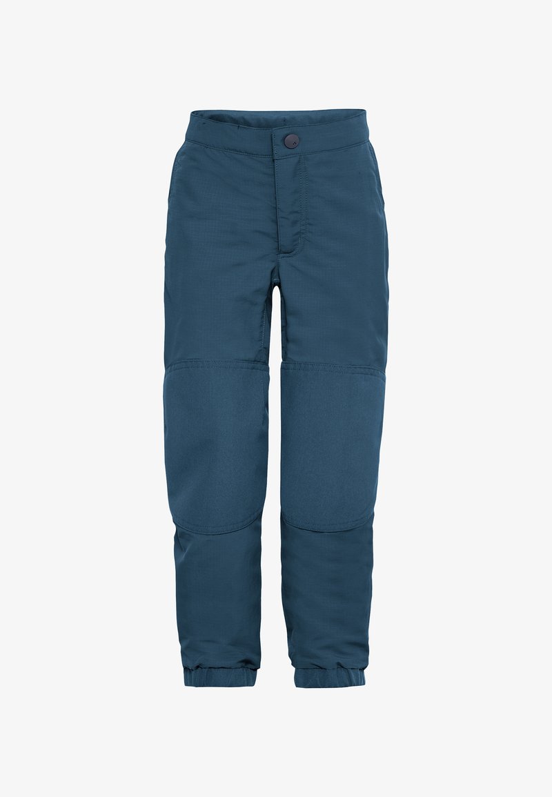 Blauwe geïsoleerde broeken met een gladde afwerking, voorzien van versterkte kniestukken, elastische boorden en een voorknoopsluiting.