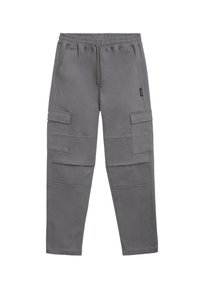 Grå cargo bukser med elastisk talje, snor og to sidelommer. Stoffet ser jevnt ut med en litt teksturert overflate.