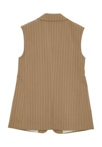 Brauner ärmelloser Weste mit vertikalen weißen Streifen, strukturiertem Design, scharfen Revers und seitlichen Schlitzen am Saum. Glatte Stofftextur.
