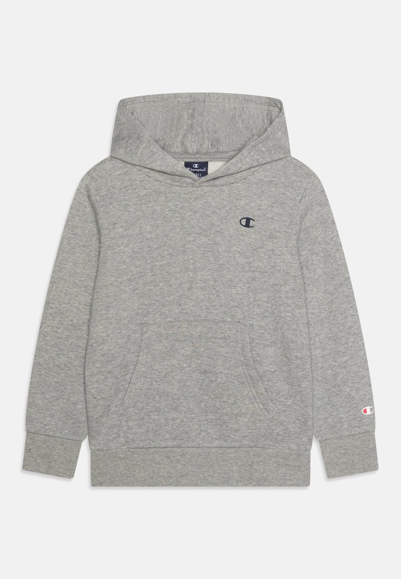 Sweat à capuche gris clair avec manches longues, poche kangourou à l'avant et petit logo noir sur la poitrine et le poignet de la manche.