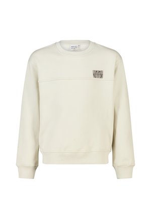 Crèmekleurige sweater met lange mouwen, ronde hals en een klein vierkant logo op de bovenste linkerborst.