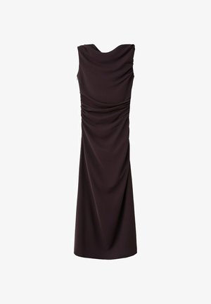 Sleeveless, floor-length black dress with draped detailing on the bodice and gathered fabric on the waist and side.