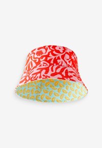 Bucket hat with a red and pink floral pattern on top and a mint green inner lining featuring yellow lemon slice patterns.