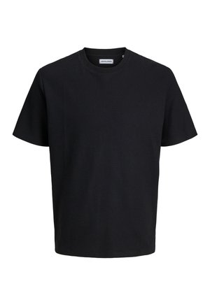 Zwarte textuur T-shirt met korte mouwen en een ronde hals, met een klein merklabel aan de binnenkant van de kraag.