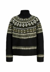 Schwarzer Rollkragenpullover mit traditionellem nordischem Muster in Weiß und Olivgrün am Schulterbereich, an den Ärmeln und am Saum, aus dickem Wollstrick gefertigt.