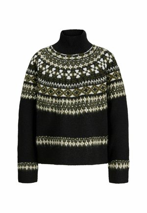 Schwarzer Rollkragenpullover mit traditionellem nordischem Muster in Weiß und Olivgrün am Schulterbereich, an den Ärmeln und am Saum, aus dickem Wollstrick gefertigt.