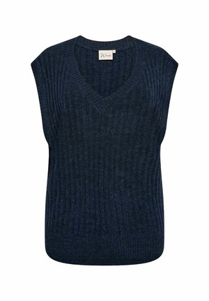 Navy blue knitted vest with a V-neckline, ribbed texture, and no sleeves. Features a relaxed fit and a straight hem at the bottom.