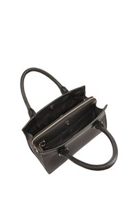 Sac à main en cuir noir avec deux poignées supérieures, compartiment zippé et plusieurs poches intérieures. Texture lisse avec un logo discret à l'intérieur.