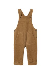 Ripp-Overalls in einem warmen Braunton, ausgestattet mit zwei Vordertaschen und verstellbaren Trägern mit Knopfverschlüssen. Strukturiertes Gewebe mit geripptem Muster.
