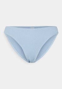 Parte de baixo de biquíni azul claro em textura canelada, com cintura média e laterais estreitas. Formato arredondado com detalhe de costura mínima.