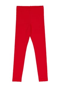 Rode leggings van rekbaar materiaal, met een nauwsluitende pasvorm en een elastische tailleband. Glad textuur zonder zichtbare patronen of accenten.