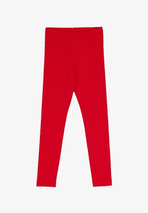 Rote Leggings aus dehnbarem Stoff, mit schlanker Passform und elastischem Bund. Glatte Textur ohne sichtbare Muster oder Akzente.