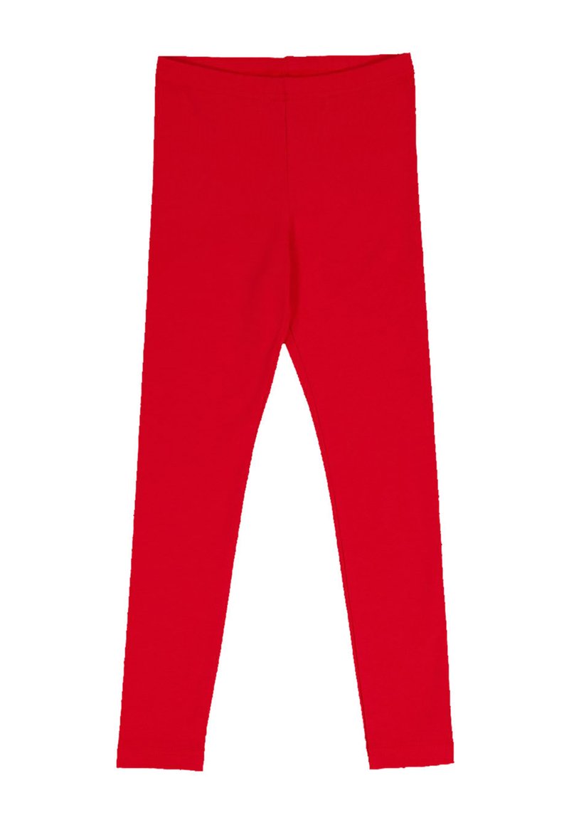 Rode leggings van rekbaar materiaal, met een nauwsluitende pasvorm en een elastische tailleband. Glad textuur zonder zichtbare patronen of accenten.