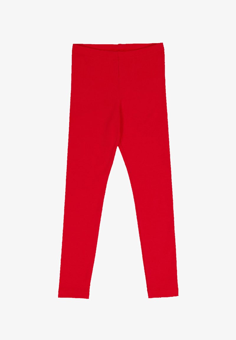 Červené legíny vyrobené z elastického materiálu, s úzkým střihem a elastickým pasem. Hladký povrch bez viditelných vzorů nebo akcentů.