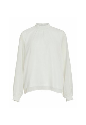 Witte blouse met lange mouwen en een hoge gerimpelde halslijn, plooien aan de voorkant en elastische boorden, gemaakt van lichtgewicht, gestructureerde stof.