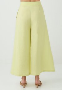 Weit geschnittene, hellgelbe Hose von hinten gesehen, mit einer glatten Textur und seitlichen Taschen. Getragen mit sandalenartigen, hohen Schuhen.