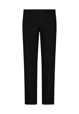 Pantalons noirs en tissu mélangé de coton lisse, dotés d'une fermeture à bouton, d'une coupe droite et de poches standard. Design simple sans motifs.