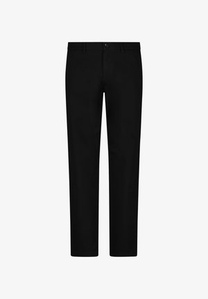 Schwarze Hose aus glattem Baumwoll-Mischgewebe, mit Knopfverschluss, geradem Schnitt und standartmäßigen Taschen. Einfaches Design ohne Muster.