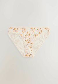 Lichtbeige ondergoed met een bloemenpatroon in geel en oranje. Gemaakt van zachte stof, met elastische afwerking en een klassiek slipontwerp.