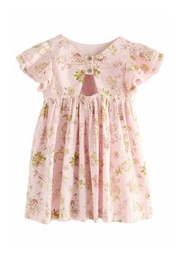 Robe de bébé rose à manches courtes avec imprimé floral, jupe froncée, deux boutons sur le devant et détail découpé sous l'encolure.