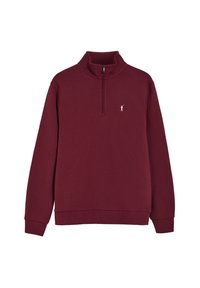 Maglione bordeaux con mezza cerniera, colletto alto e piccolo logo ricamato bianco di un golfista sul petto sinistro.