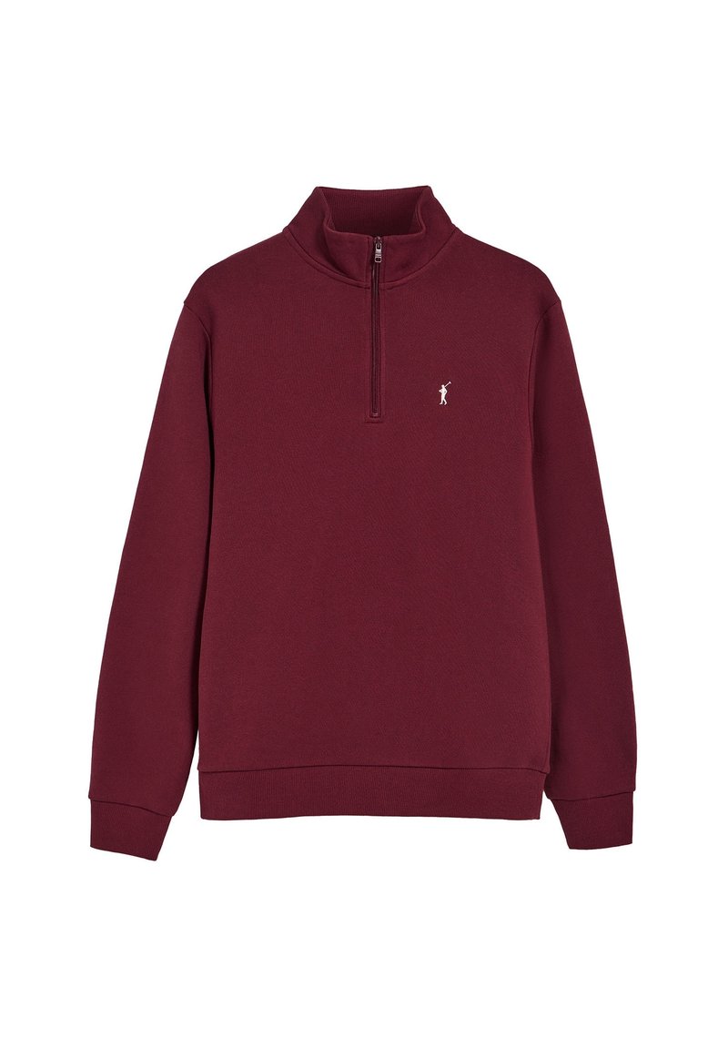 Maglione bordeaux con mezza cerniera, colletto alto e piccolo logo ricamato bianco di un golfista sul petto sinistro.