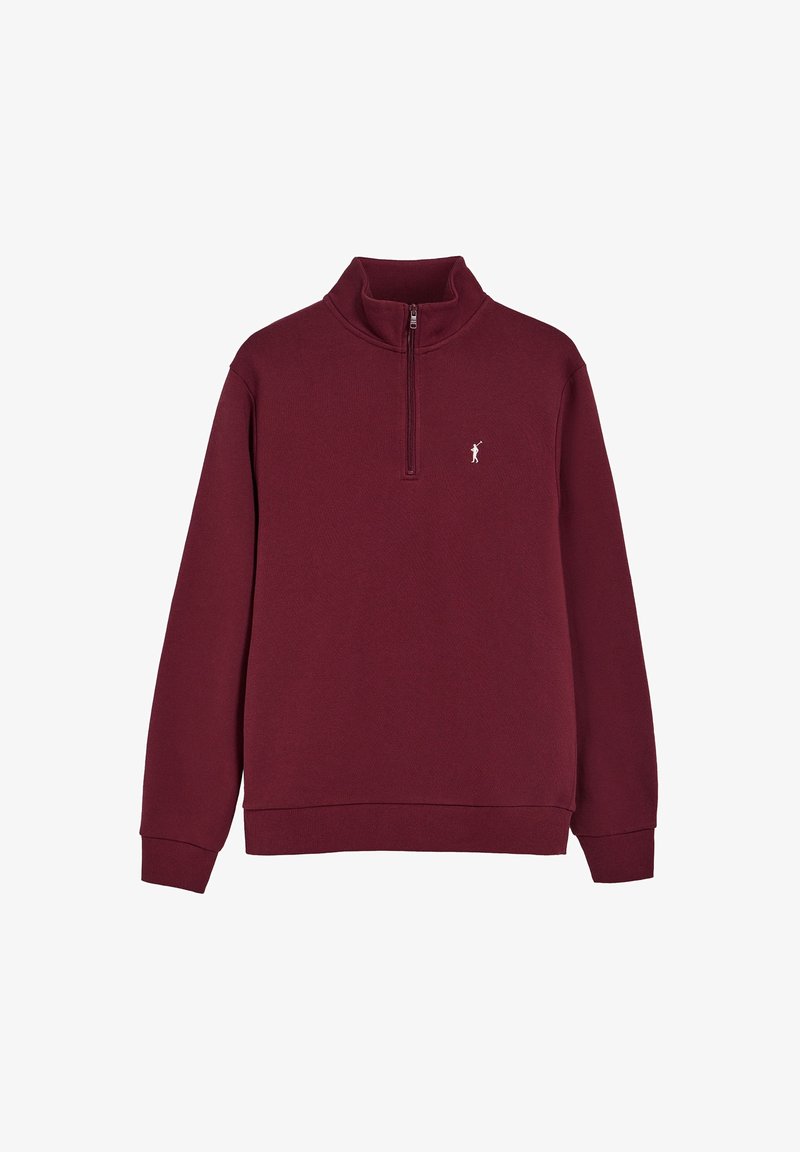 Maglione bordeaux con mezza cerniera, colletto alto e piccolo logo ricamato bianco di un golfista sul petto sinistro.