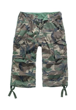 Camo cargo shorts in green and brown with multiple pockets, drawstring hems, and a zip fly. Made of durable, lightweight fabric.