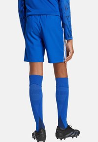 Blauwe sportshorts met witte zijstrepen, gecombineerd met blauwe knielange sokken, en gedragen met zwarte voetbalschoenen. Gladde, lichte stof.