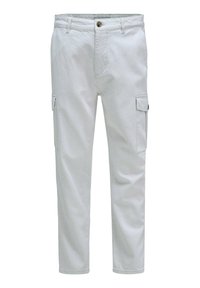 Pantalones cargo blancos de algodón con dos bolsillos laterales, cierre delantero con botón y piernas rectas. Textura suave y diseño casual.