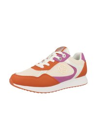 Sneaker in Orange und Weiß mit lila Akzenten, ausgestattet mit einem Mesh-Obermaterial, runder Zehenpartie und flacher Gummisohle. Schnürsenkel und Logodetails sind enthalten.