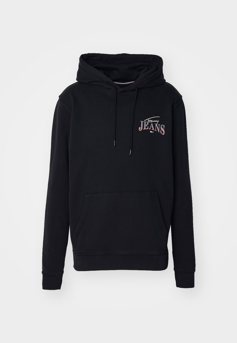 Sweat à capuche noir avec poche avant et cordons, avec petit logo "Tommy Jeans" sur le haut gauche de la poitrine.
