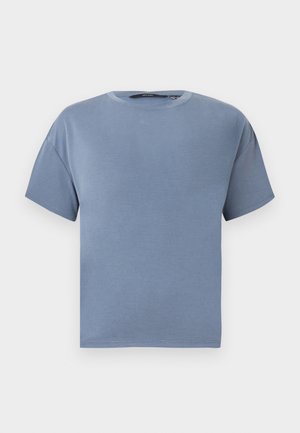 Kurzärmeliges T-Shirt mit Rundhalsausschnitt in einfarbigem, gedämpftem Blau, flach auf weißem Hintergrund dargestellt.
