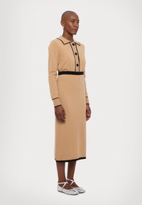 Knit beige dress with black accents, featuring a collar, long sleeves, buttons, and a fitted waist. Paired with silver flat shoes.