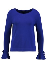 Blaues Langarmoberteil aus weichem Stoff, mit rundem Halsausschnitt und Glockenärmeln, die an den Manschetten gebunden sind. Glatte Textur und taillierte Form.